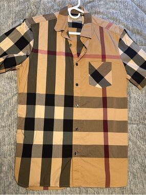Burberry Tan, Black and Red Check Short-Sleeve Button-Down Shirt